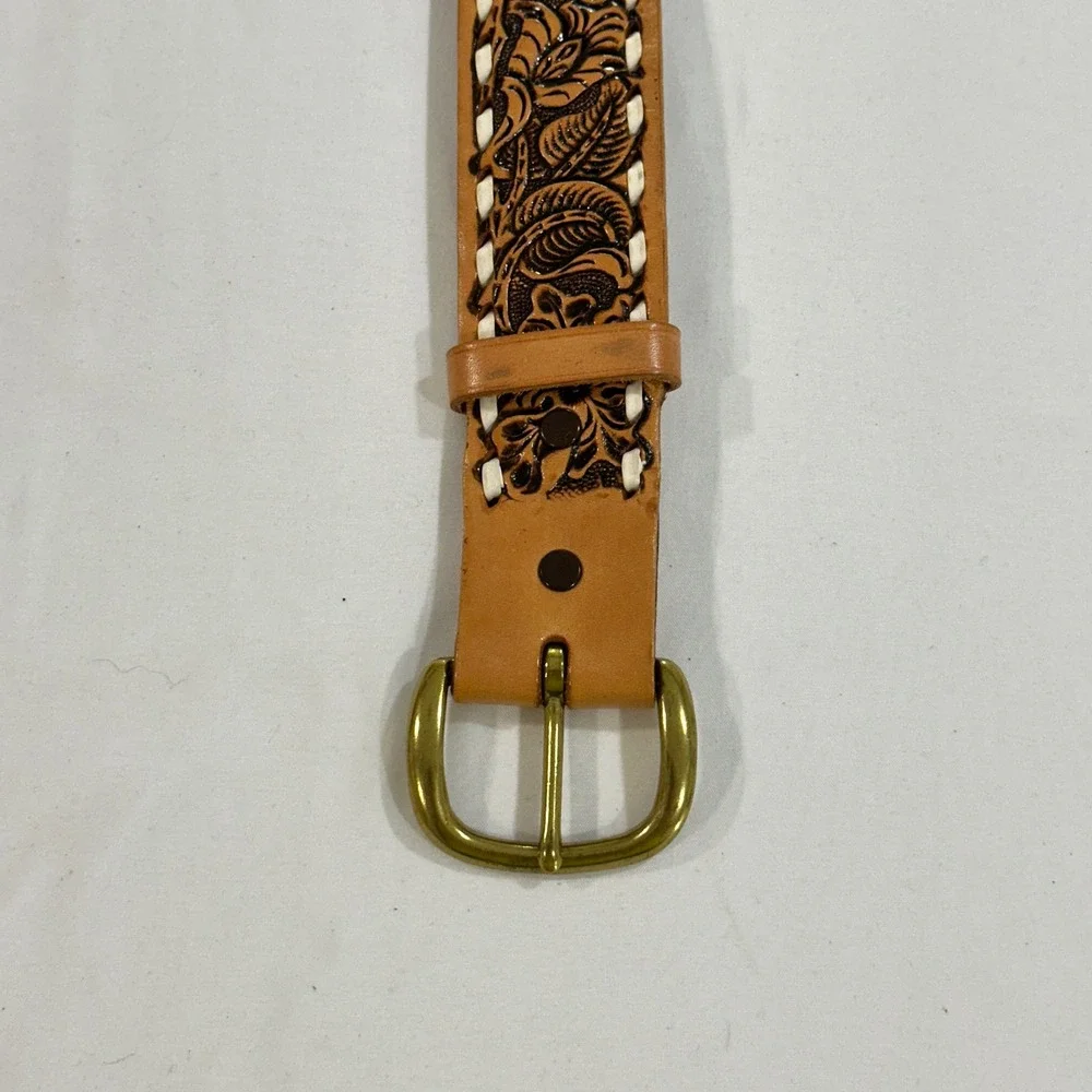 Justin Leather Belt 34 Tan Tooled Floral Whipstitch Western Cowhide Unisex Brass